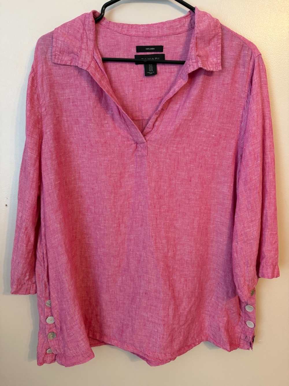 Tahari 100% Linen Tunic Top Women’s Plus 1X Pink 3/4 Sleeve Coastal Lagenlook